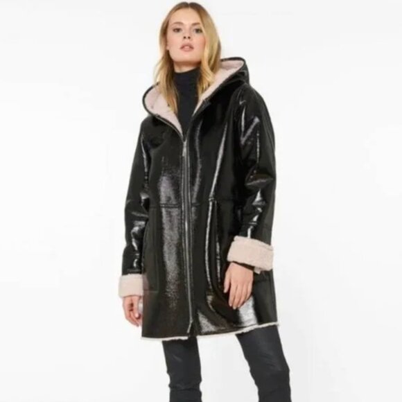 Sanctuary Black Patent Leather w Pink Shearling Lined Hooded Coat - Picture 1 of 8